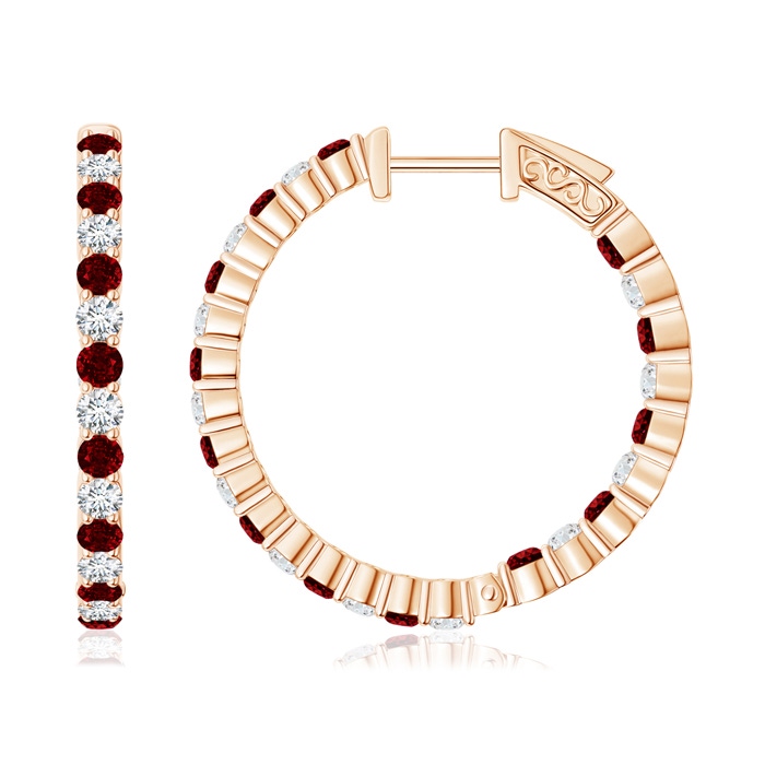 1.6mm AAAA Round Ruby and Diamond Inside Out Hoop Earrings in Rose Gold