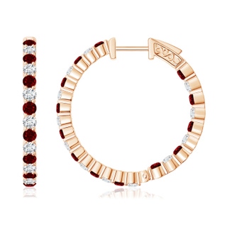 1.6mm AAAA Round Ruby and Diamond Inside Out Hoop Earrings in Rose Gold