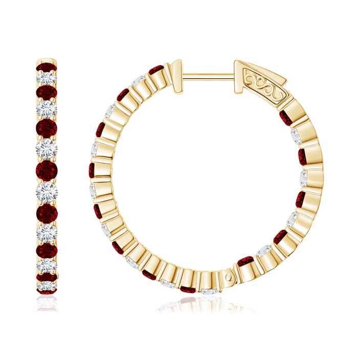 1.6mm AAAA Round Ruby and Diamond Inside Out Hoop Earrings in Yellow Gold