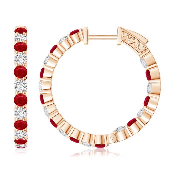 2.1mm AAA Round Ruby and Diamond Inside Out Hoop Earrings in Rose Gold