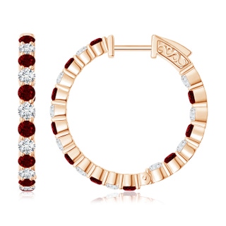 2.1mm AAAA Round Ruby and Diamond Inside Out Hoop Earrings in Rose Gold