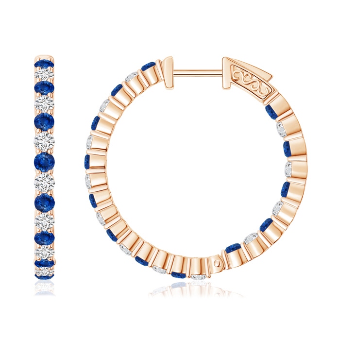 1.6mm AAA Round Sapphire and Diamond Inside Out Hoop Earrings in Rose Gold 