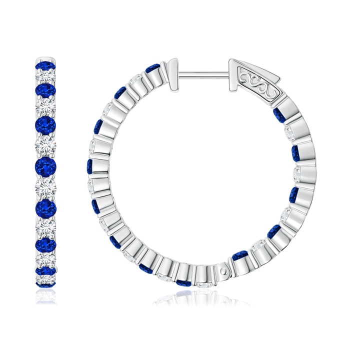 1.6mm AAAA Round Sapphire and Diamond Inside Out Hoop Earrings in White Gold
