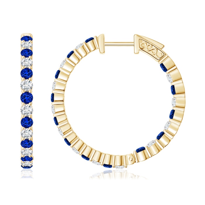 1.6mm AAAA Round Sapphire and Diamond Inside Out Hoop Earrings in Yellow Gold 