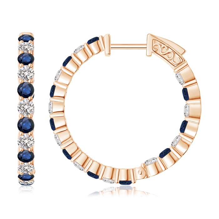 2.1mm AA Round Sapphire and Diamond Inside Out Hoop Earrings in Rose Gold 