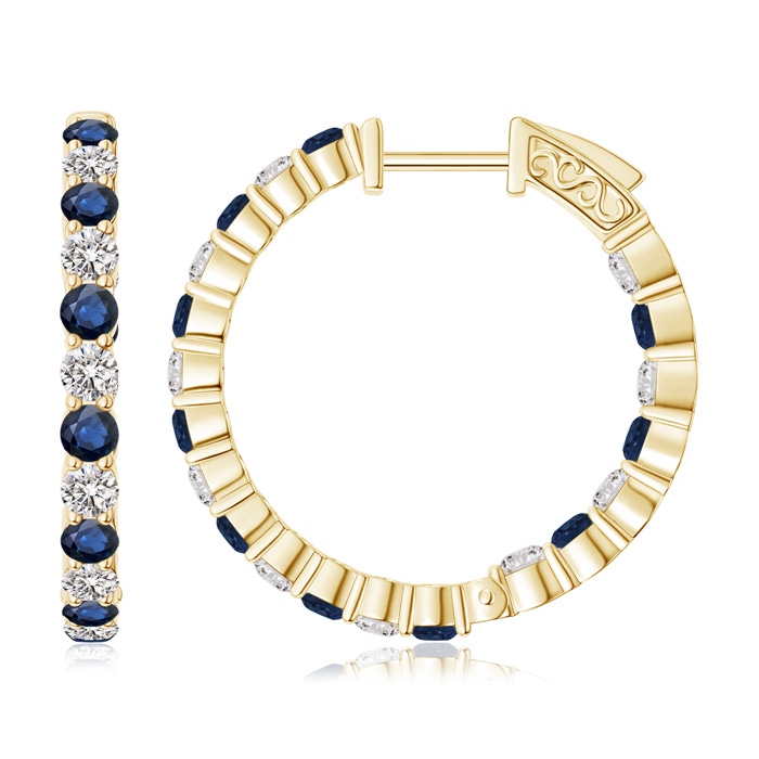 2.1mm AA Round Sapphire and Diamond Inside Out Hoop Earrings in Yellow Gold 