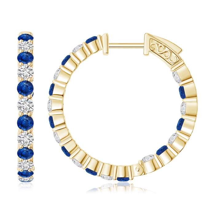 2.1mm AAA Round Sapphire and Diamond Inside Out Hoop Earrings in Yellow Gold 