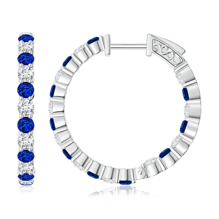 2.1mm AAAA Round Sapphire and Diamond Inside Out Hoop Earrings in White Gold
