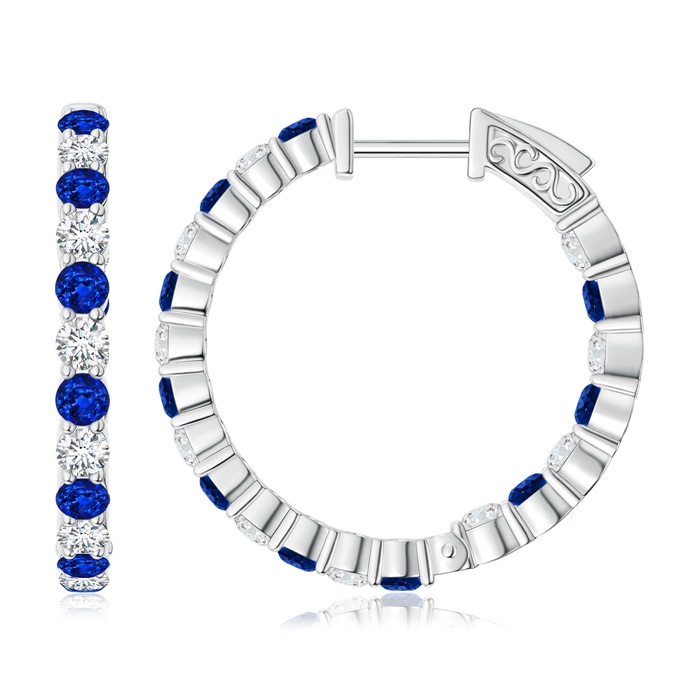 2.1mm AAAA Round Sapphire and Diamond Inside Out Hoop Earrings in White Gold 