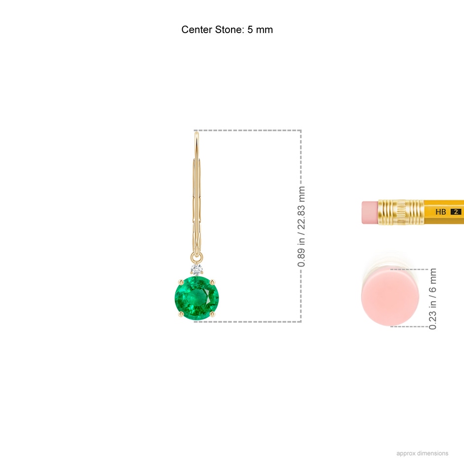 5mm AAA Emerald and Diamond Leverback Drop Earrings in Yellow Gold ruler