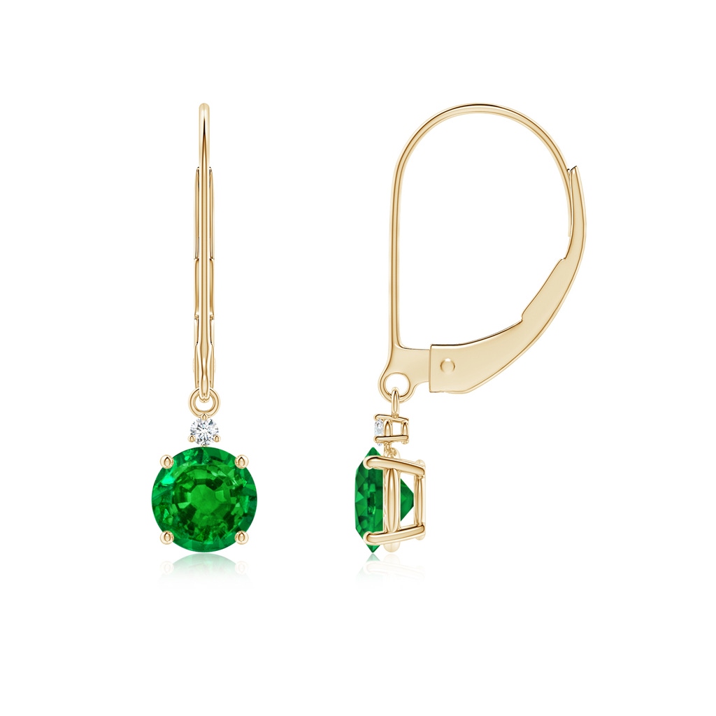 5mm AAAA Emerald and Diamond Leverback Drop Earrings in Yellow Gold