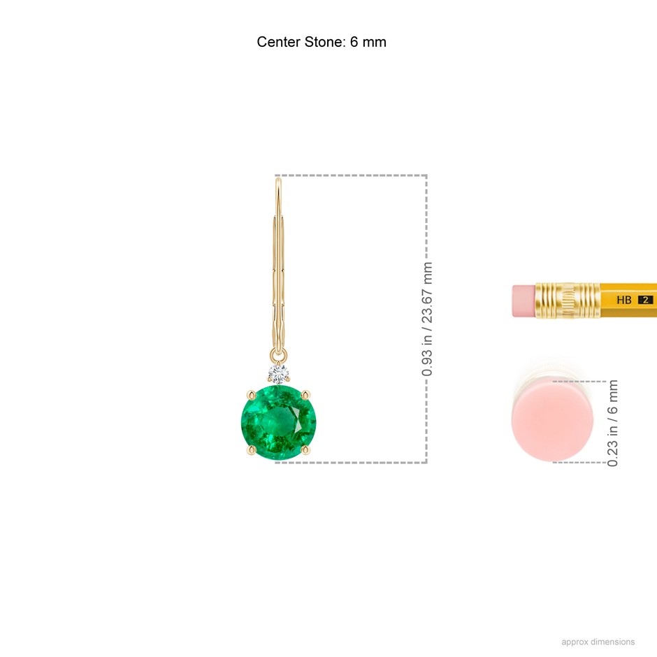 6mm AAA Emerald and Diamond Leverback Drop Earrings in Yellow Gold ruler