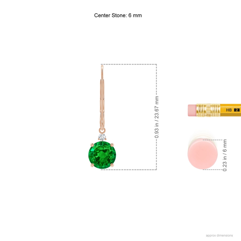 6mm AAAA Emerald and Diamond Leverback Drop Earrings in Rose Gold ruler
