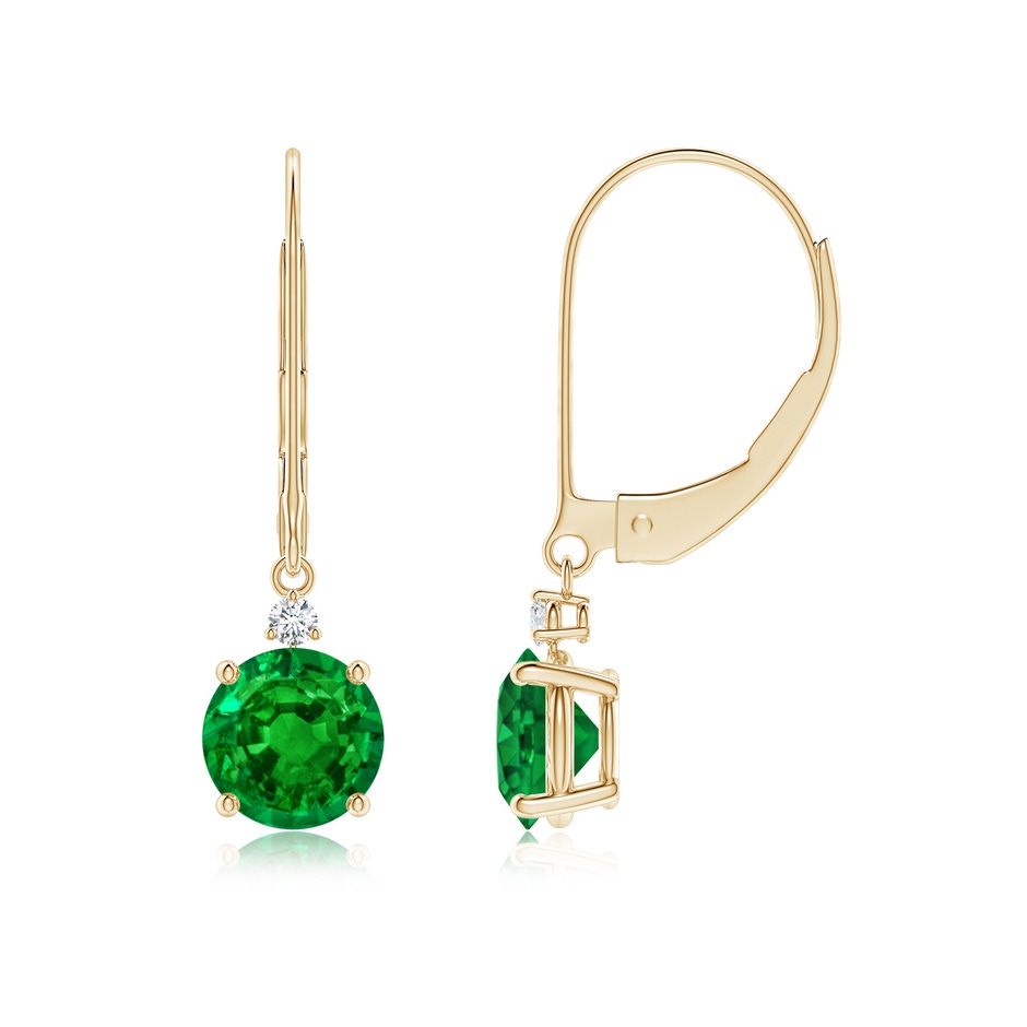 6mm AAAA Emerald and Diamond Leverback Drop Earrings in Yellow Gold 