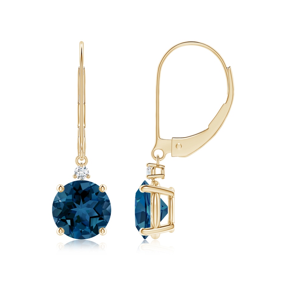 7mm AAA London Blue Topaz and Diamond Leverback Drop Earrings in Yellow Gold 