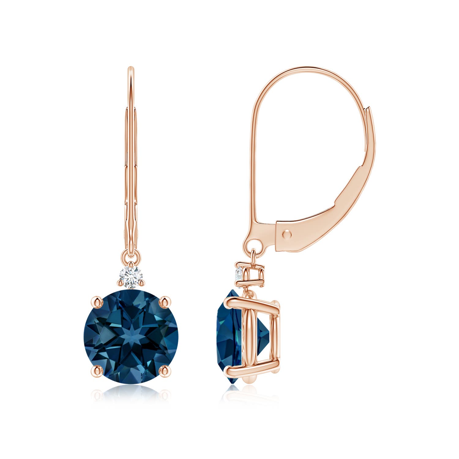 7mm AAAA London Blue Topaz and Diamond Leverback Drop Earrings in 18K Rose Gold