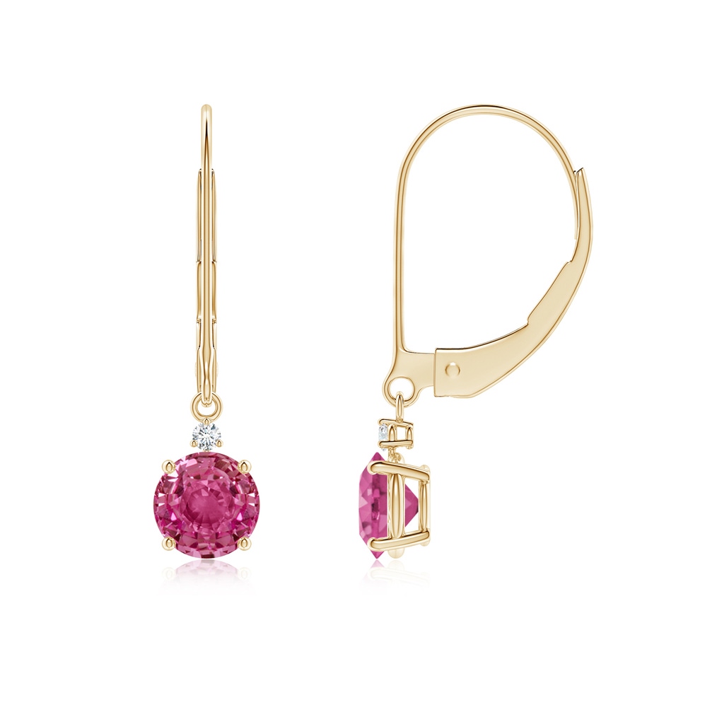 5mm AAAA Pink Sapphire and Diamond Leverback Drop Earrings in Yellow Gold