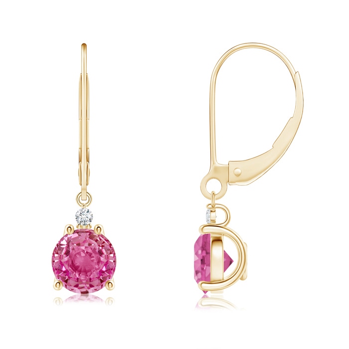 6mm AAA Pink Sapphire and Diamond Leverback Drop Earrings in 10K Yellow Gold