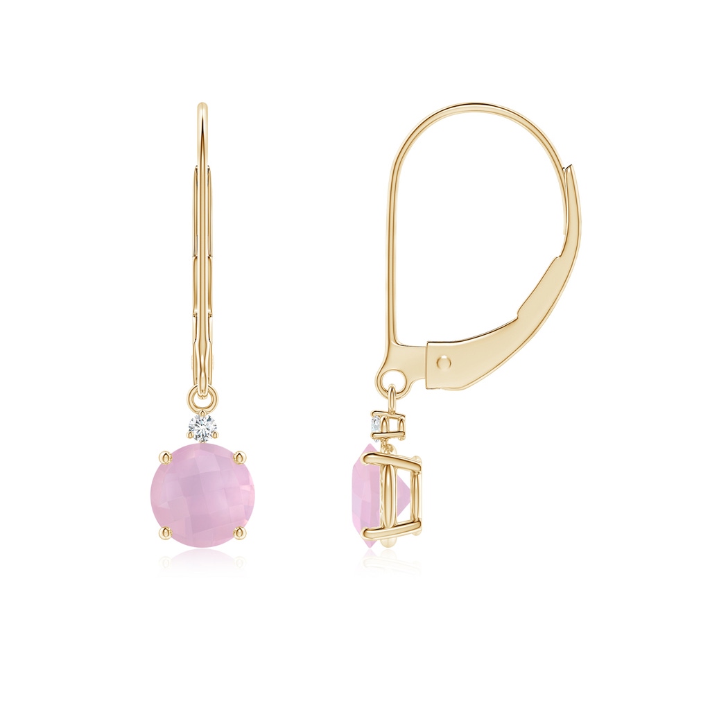 5mm AAAA Rose Quartz and Diamond Leverback Drop Earrings in Yellow Gold