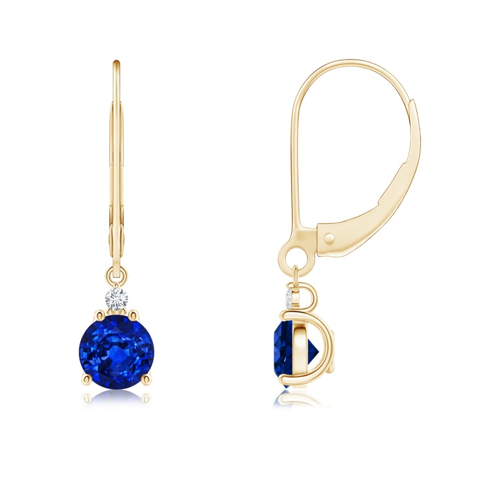 5mm AAAA Blue Sapphire and Diamond Leverback Drop Earrings in Yellow Gold