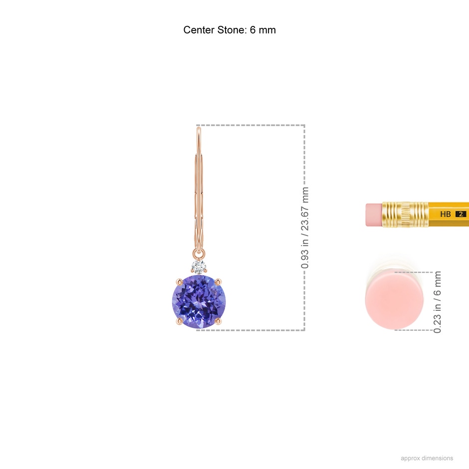 6mm AA Tanzanite and Diamond Leverback Drop Earrings in Rose Gold ruler