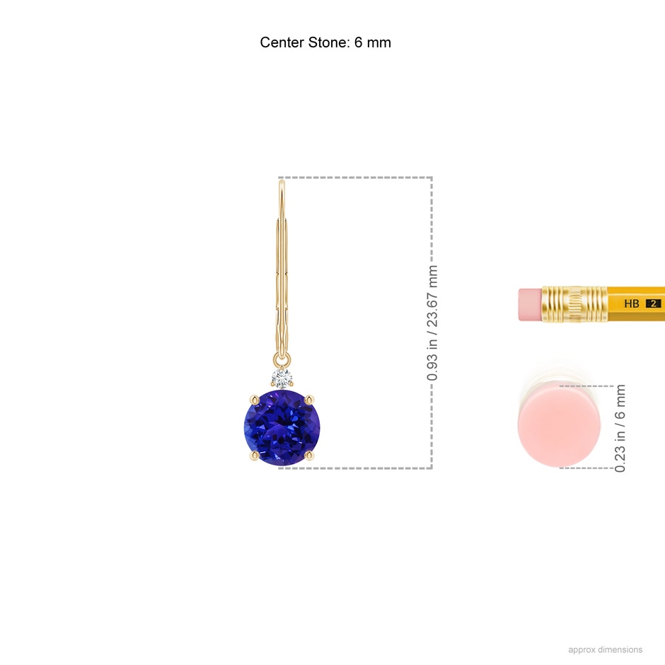 6mm AAAA Tanzanite and Diamond Leverback Drop Earrings in Yellow Gold ruler