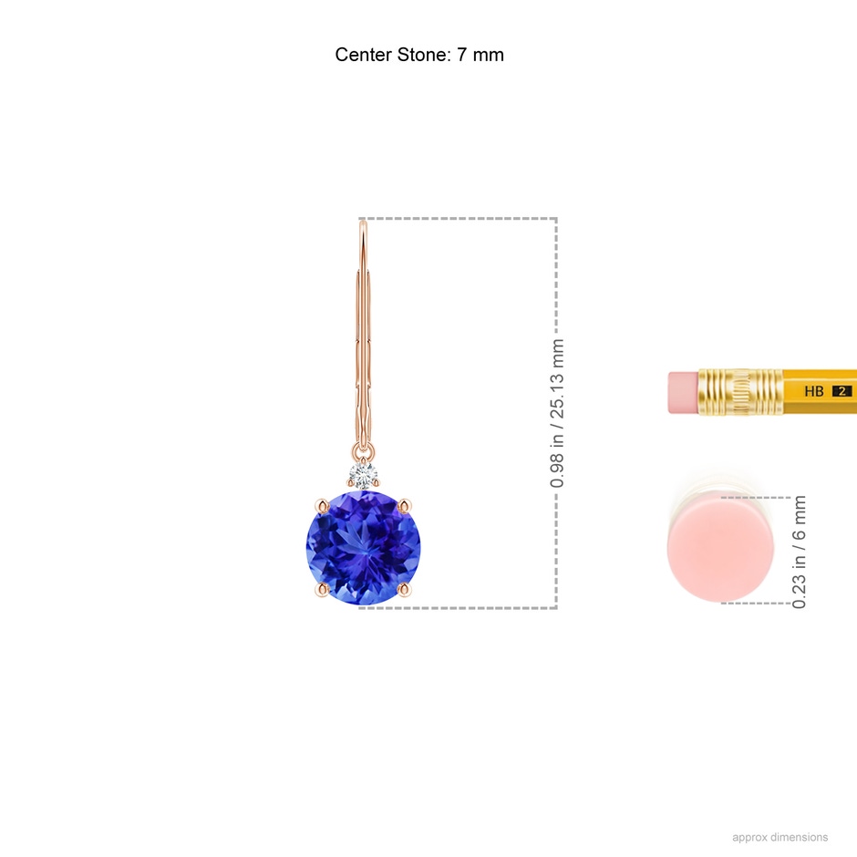 7mm AAA Tanzanite and Diamond Leverback Drop Earrings in Rose Gold ruler