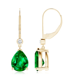 10x8mm AAAA Pear-Shaped Emerald Leverback Drop Earrings with Diamond in 10K Yellow Gold