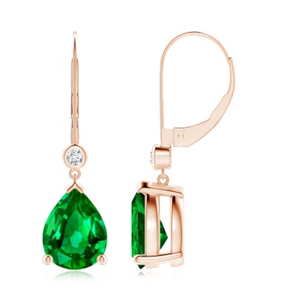 10x8mm AAAA Pear-Shaped Emerald Leverback Drop Earrings with Diamond in 9K Rose Gold