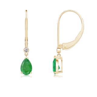 6x4mm A Pear-Shaped Emerald Leverback Drop Earrings with Diamond in Yellow Gold