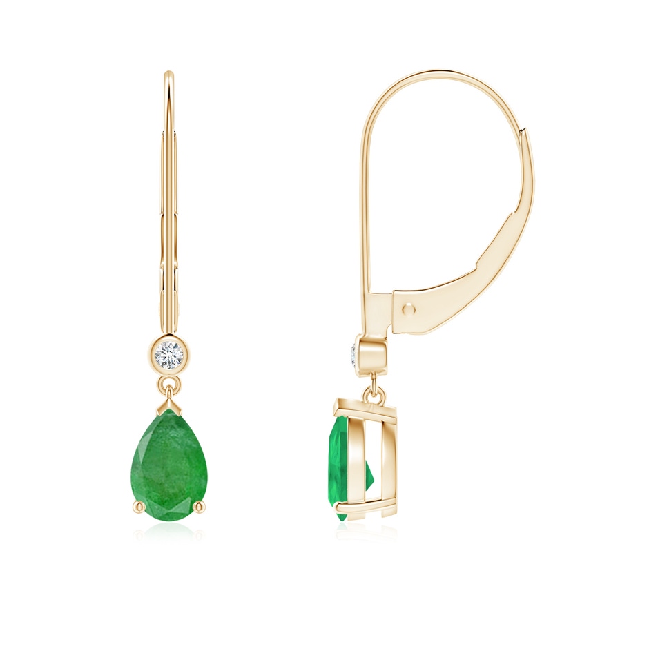 6x4mm A Pear-Shaped Emerald Leverback Drop Earrings with Diamond in Yellow Gold 