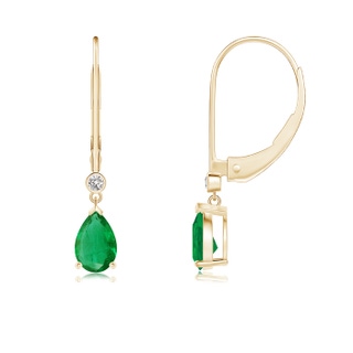 6x4mm AA Pear-Shaped Emerald Leverback Drop Earrings with Diamond in Yellow Gold