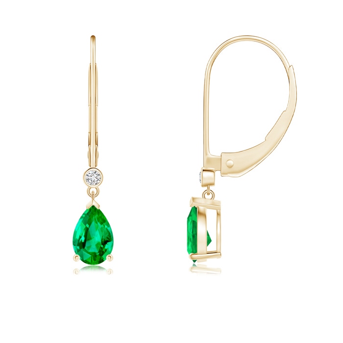 6x4mm AAA Pear-Shaped Emerald Leverback Drop Earrings with Diamond in 10K Yellow Gold