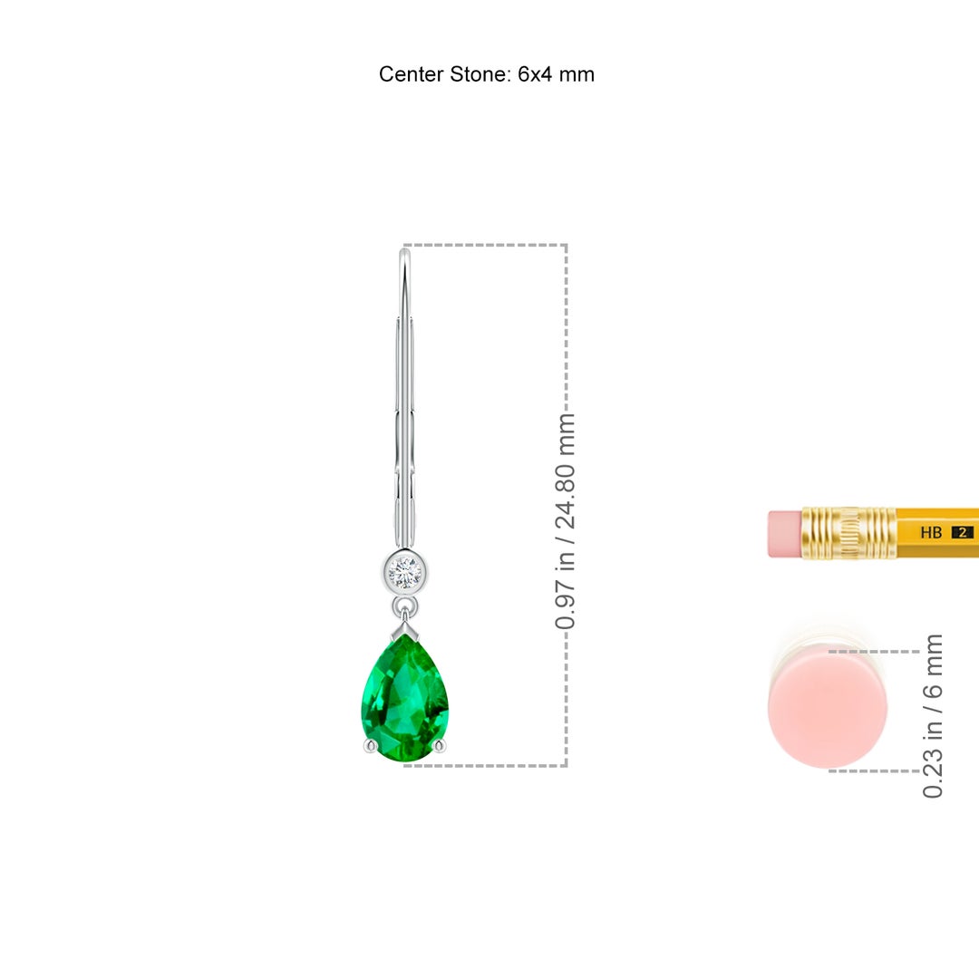 6x4mm AAA Pear-Shaped Emerald Leverback Drop Earrings with Diamond in White Gold - ruler