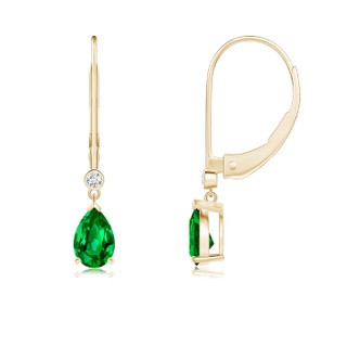 6x4mm AAAA Pear-Shaped Emerald Leverback Drop Earrings with Diamond in 9K Yellow Gold