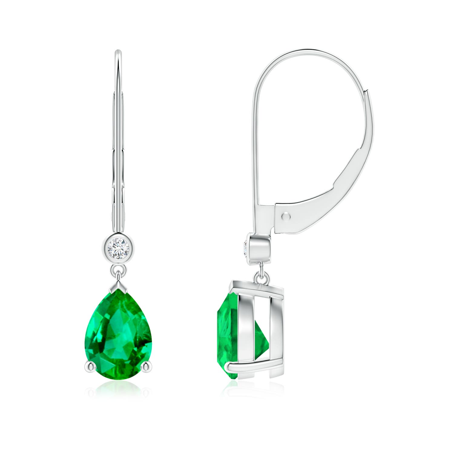 7x5mm AAA Pear-Shaped Emerald Leverback Drop Earrings with Diamond in 18K White Gold