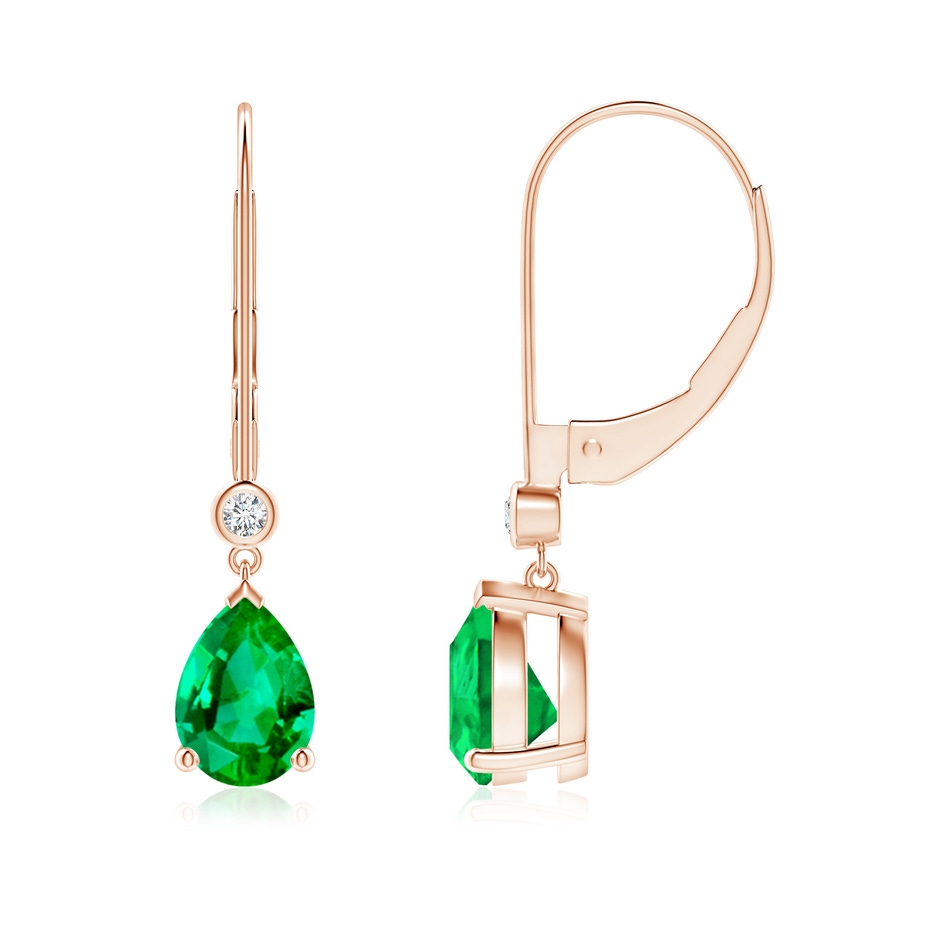 7x5mm AAA Pear-Shaped Emerald Leverback Drop Earrings with Diamond in Rose Gold 