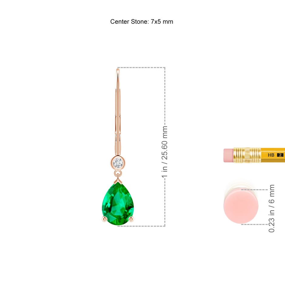 7x5mm AAA Pear-Shaped Emerald Leverback Drop Earrings with Diamond in Rose Gold ruler
