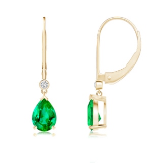 7x5mm AAA Pear-Shaped Emerald Leverback Drop Earrings with Diamond in Yellow Gold