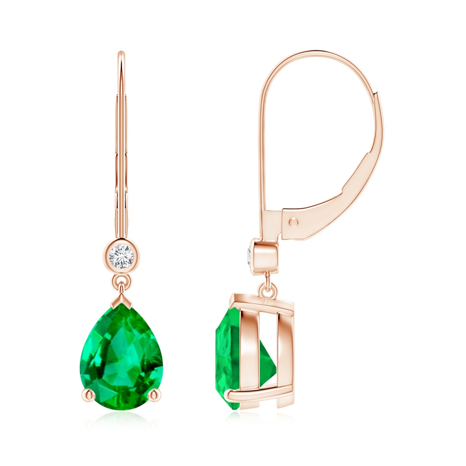 8x6mm AAA Pear-Shaped Emerald Leverback Drop Earrings with Diamond in 18K Rose Gold 