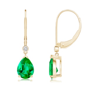 8x6mm AAA Pear-Shaped Emerald Leverback Drop Earrings with Diamond in Yellow Gold