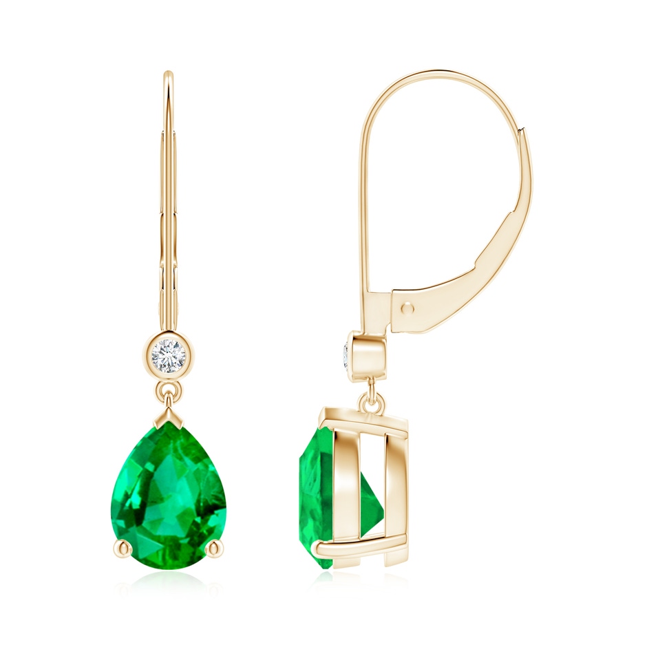 8x6mm AAA Pear-Shaped Emerald Leverback Drop Earrings with Diamond in Yellow Gold 