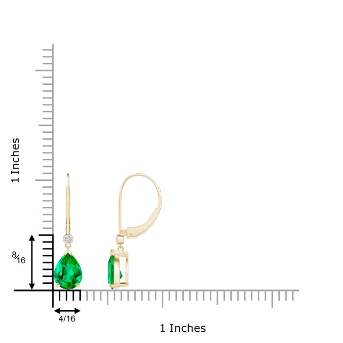 8x6mm AAA Pear-Shaped Emerald Leverback Drop Earrings with Diamond in Yellow Gold ruler