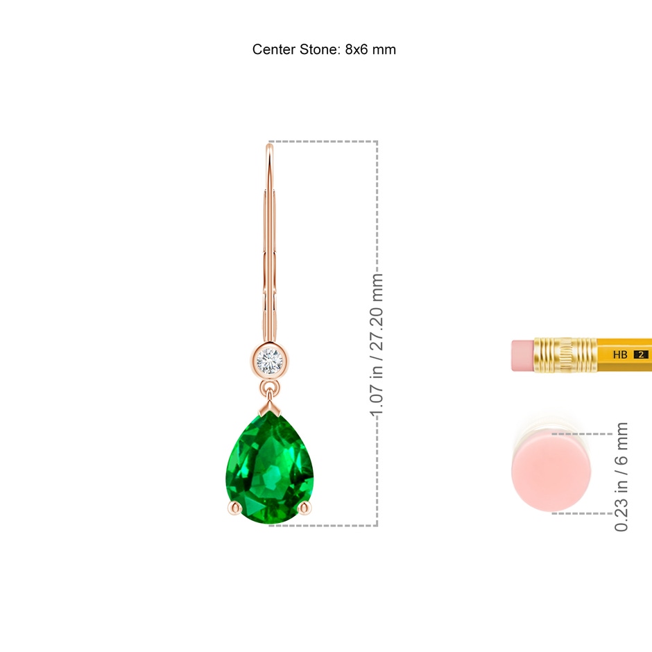 8x6mm AAAA Pear-Shaped Emerald Leverback Drop Earrings with Diamond in Rose Gold ruler