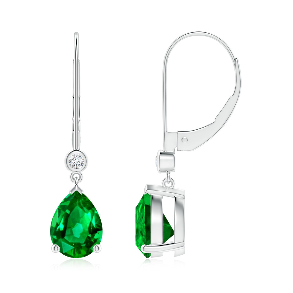 8x6mm AAAA Pear-Shaped Emerald Leverback Drop Earrings with Diamond in White Gold 