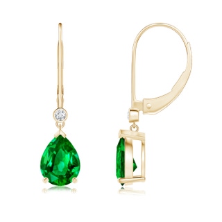 8x6mm AAAA Pear-Shaped Emerald Leverback Drop Earrings with Diamond in Yellow Gold