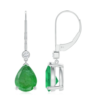 9x7mm A Pear-Shaped Emerald Leverback Drop Earrings with Diamond in White Gold