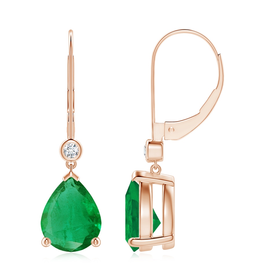 9x7mm AA Pear-Shaped Emerald Leverback Drop Earrings with Diamond in Rose Gold 