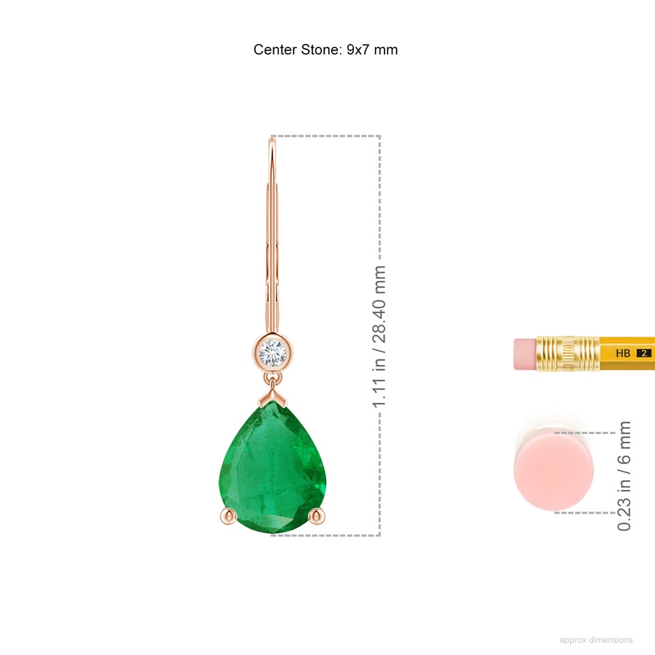9x7mm AA Pear-Shaped Emerald Leverback Drop Earrings with Diamond in Rose Gold ruler