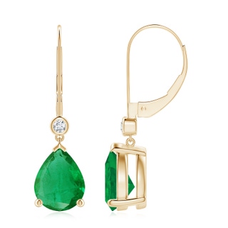 9x7mm AA Pear-Shaped Emerald Leverback Drop Earrings with Diamond in Yellow Gold